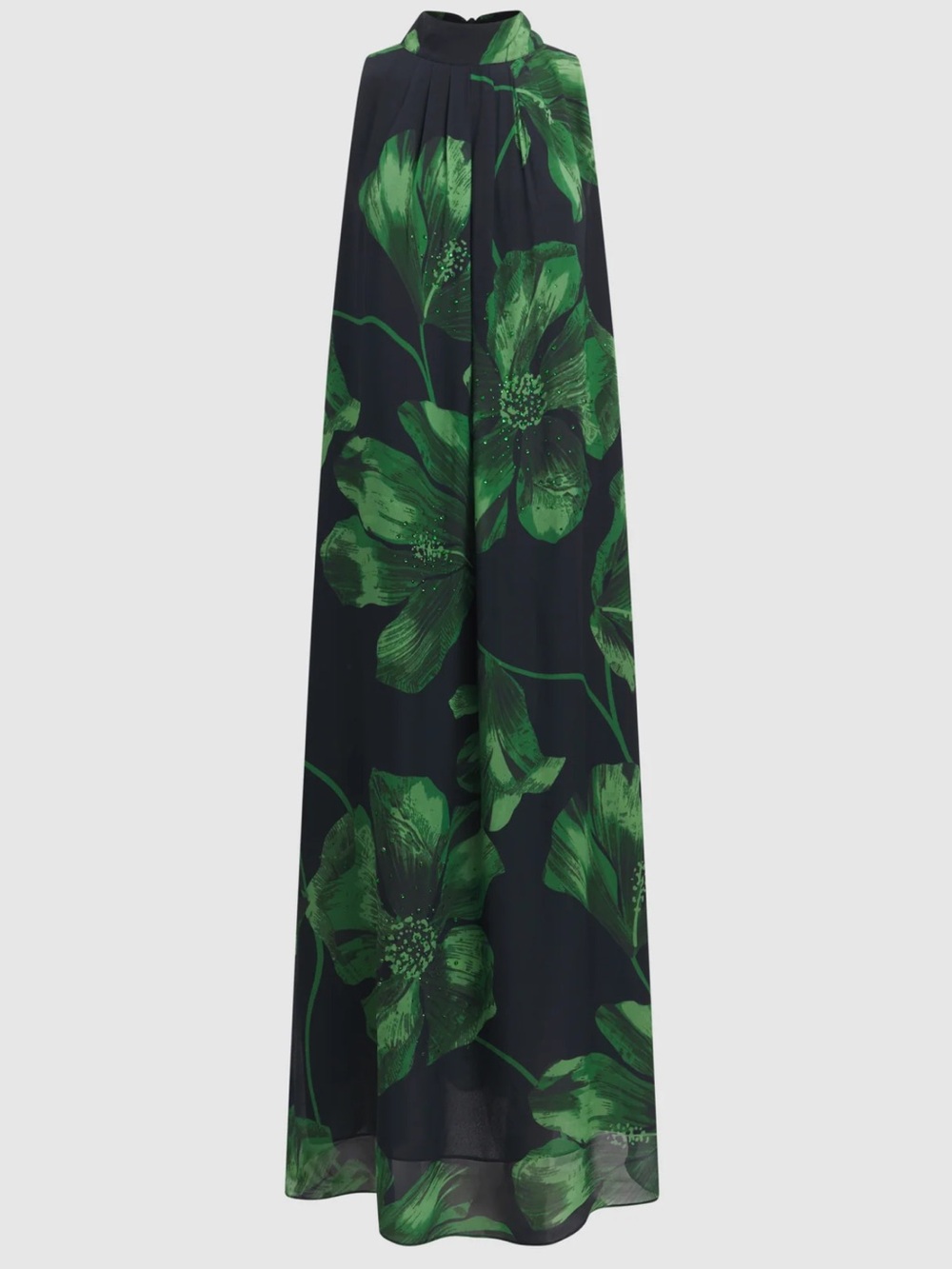 Sleeveless High-Neck Navy Maxi Dress with Green Floral Print - Picture 2 of 2